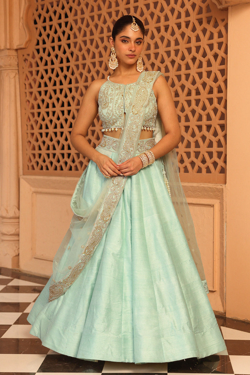 Afsa - Misty Green Lehenga with Blouse and Dupatta