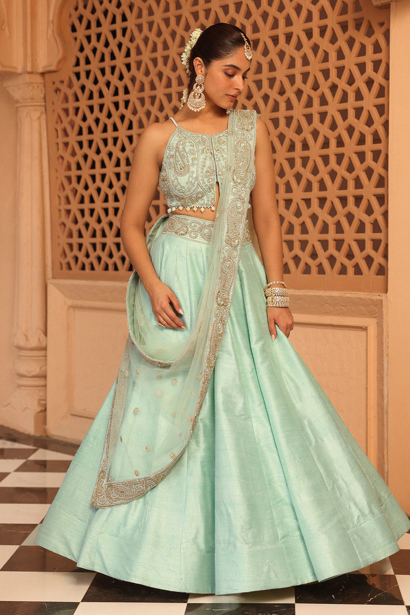 Afsa - Misty Green Lehenga with Blouse and Dupatta