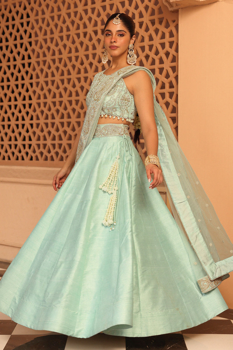 Afsa - Misty Green Lehenga with Blouse and Dupatta