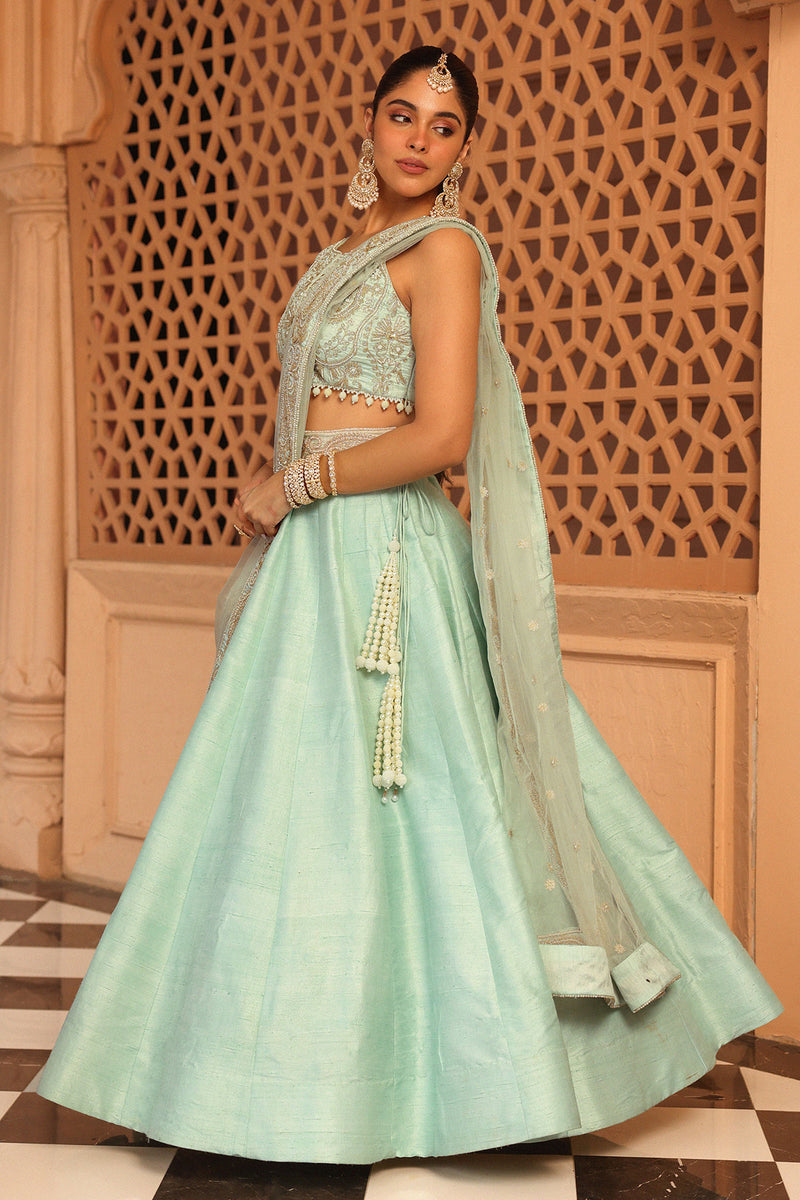 Afsa - Misty Green Lehenga with Blouse and Dupatta