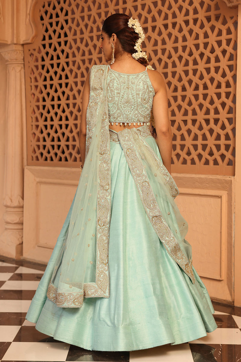 Afsa - Misty Green Lehenga with Blouse and Dupatta