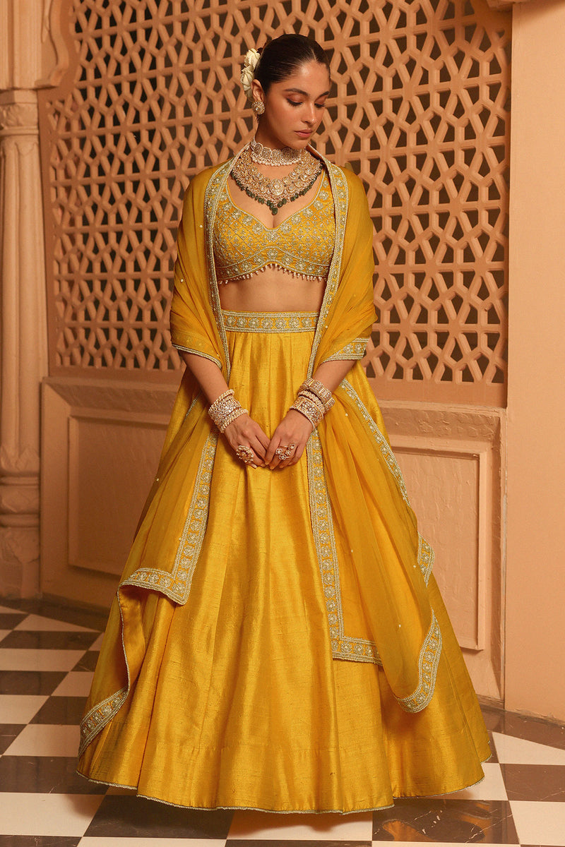 Mazhum - Mustard Lehenga with Blouse and Dupatta