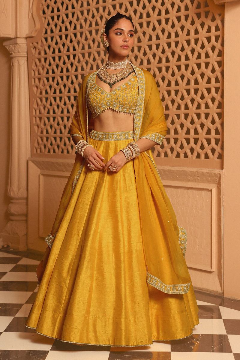 Mazhum - Mustard Lehenga with Blouse and Dupatta