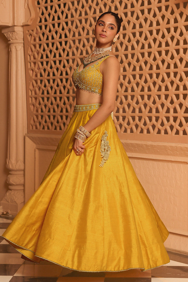 Mazhum - Mustard Lehenga with Blouse and Dupatta