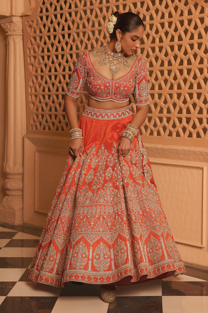 Faizah - Orange Lehenga with Blouse and Dupatta