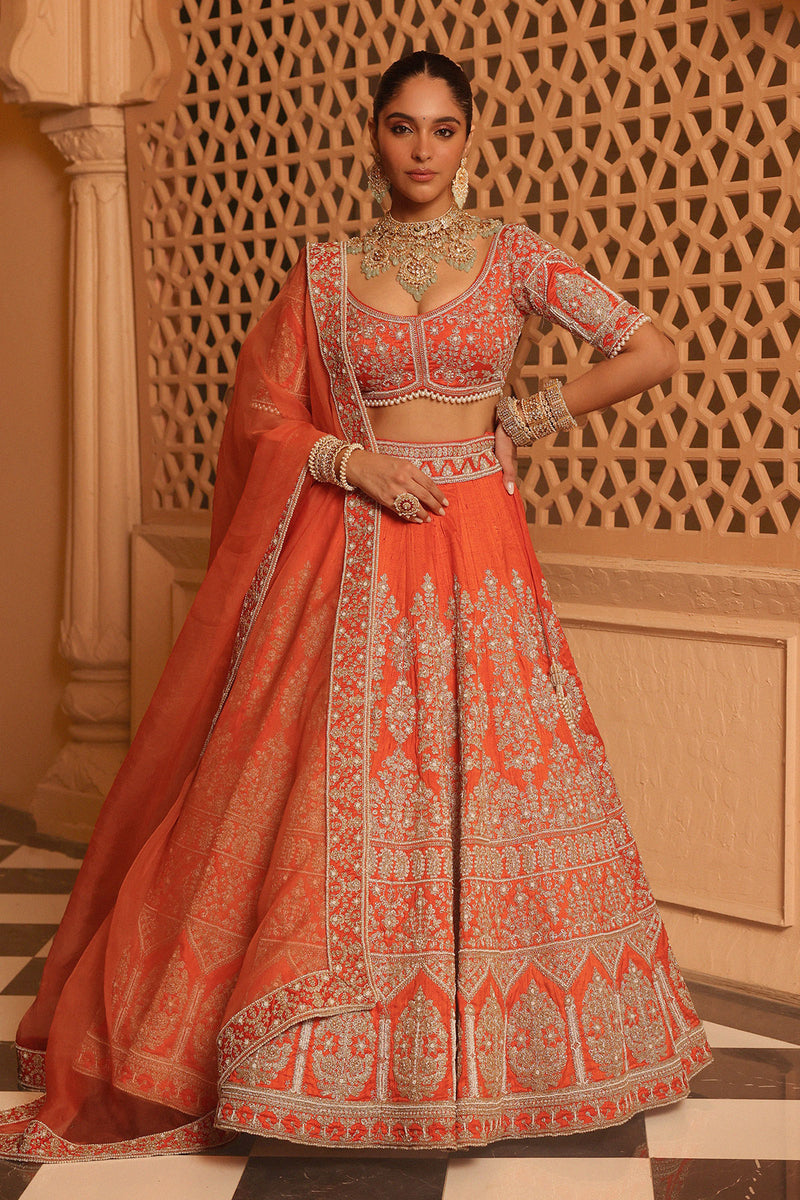 Faizah - Orange Lehenga with Blouse and Dupatta