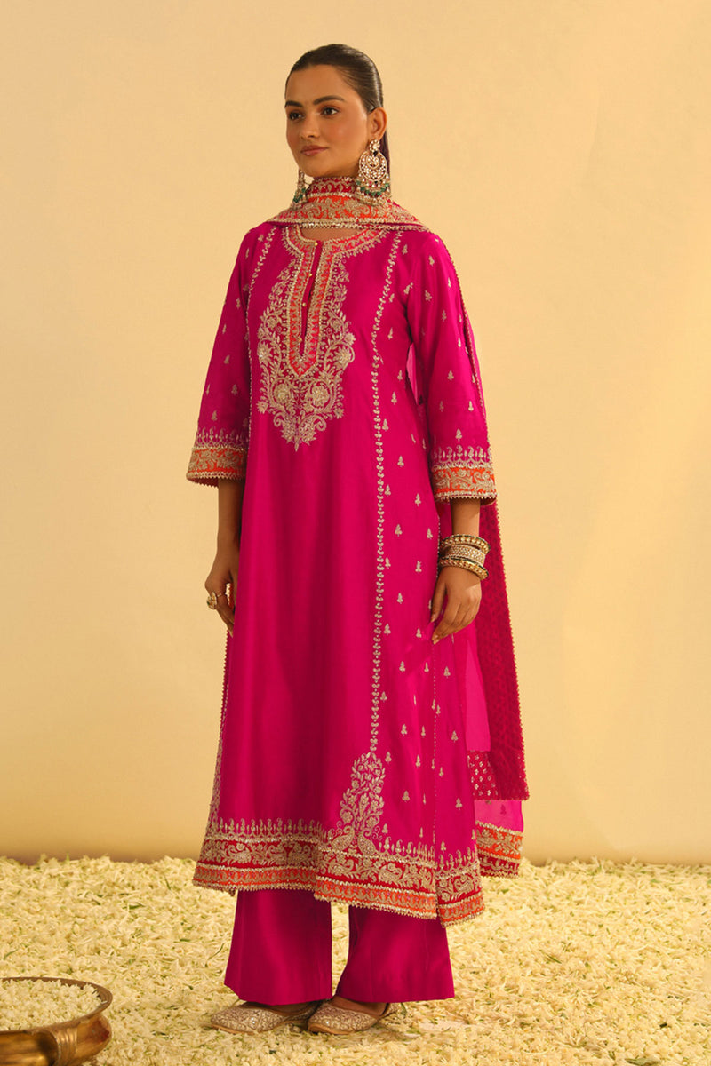 Mayra - Hotpink Long Kurta with Palazzo & Dupatta