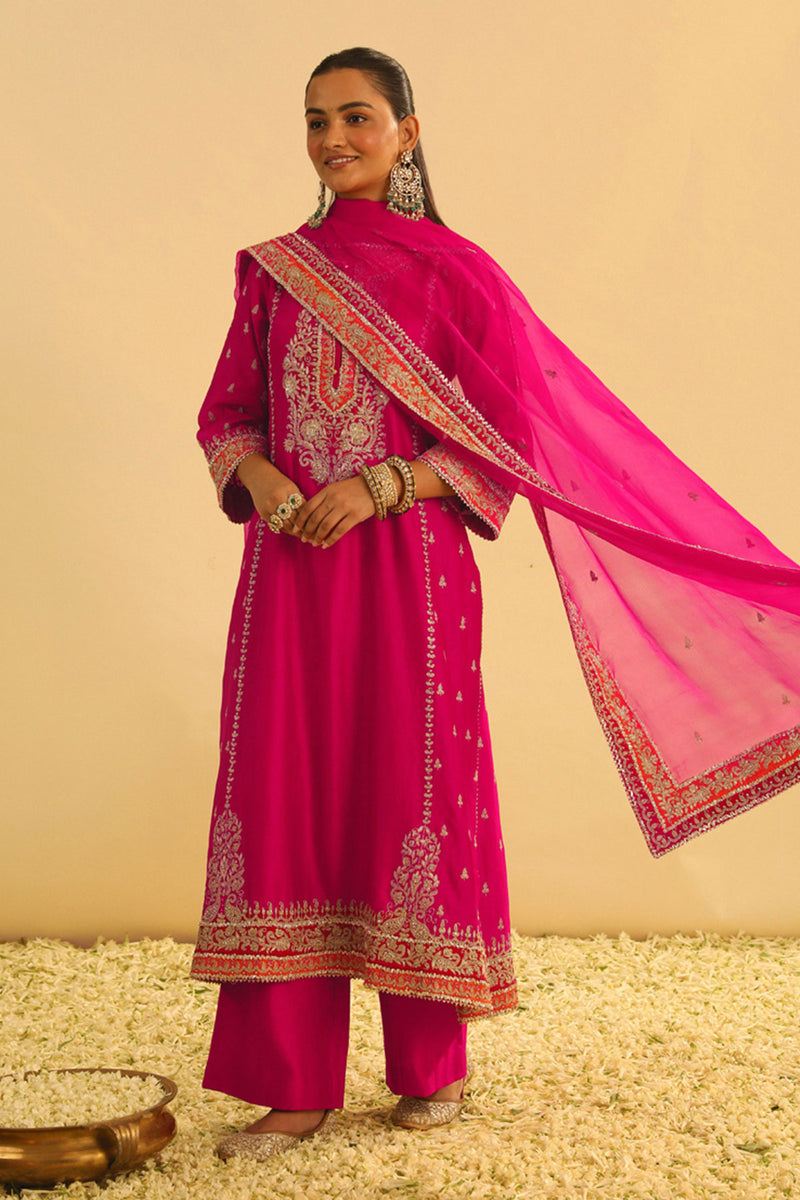 Mayra - Hotpink Long Kurta with Palazzo & Dupatta