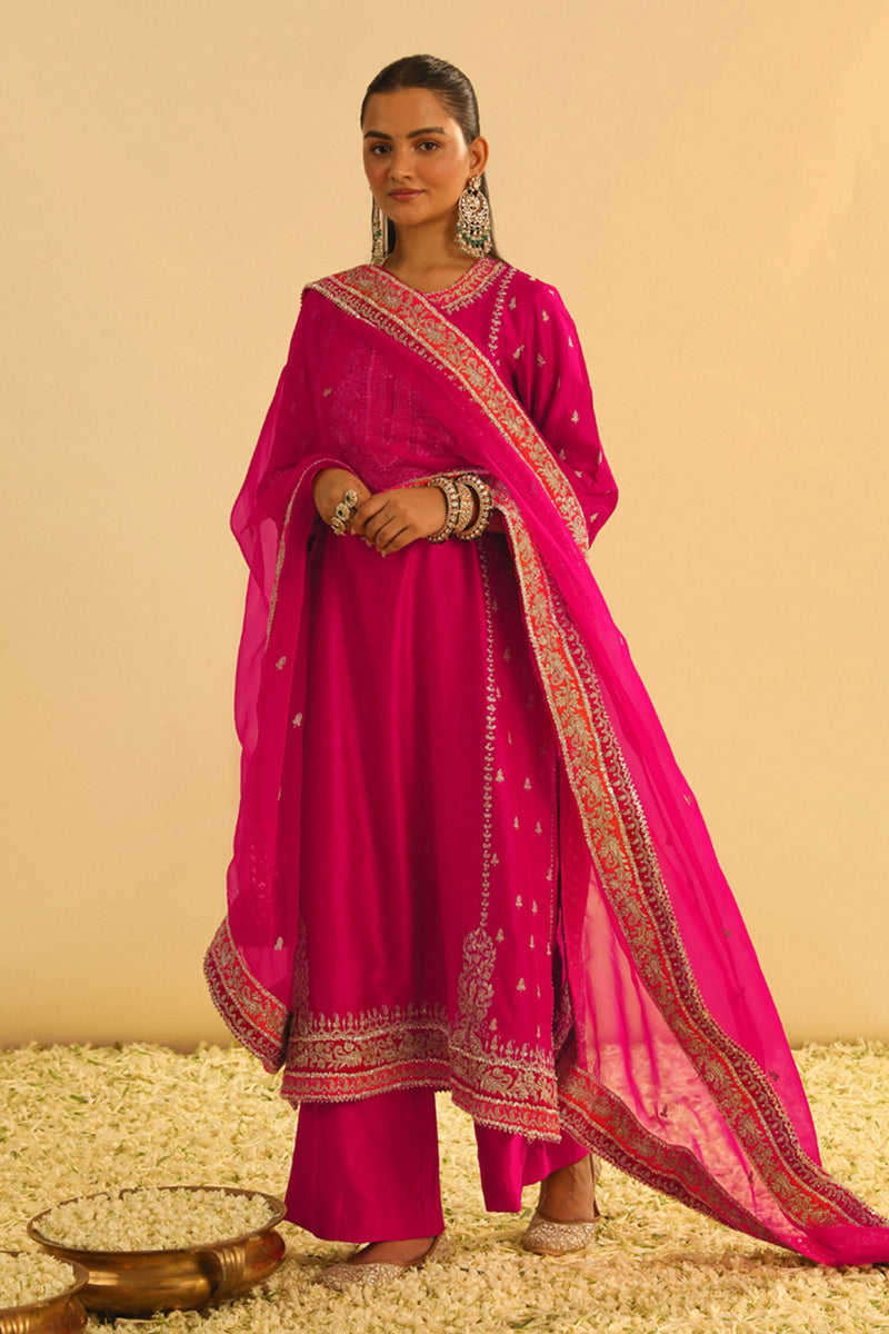 Mayra - Hotpink Long Kurta with Palazzo & Dupatta