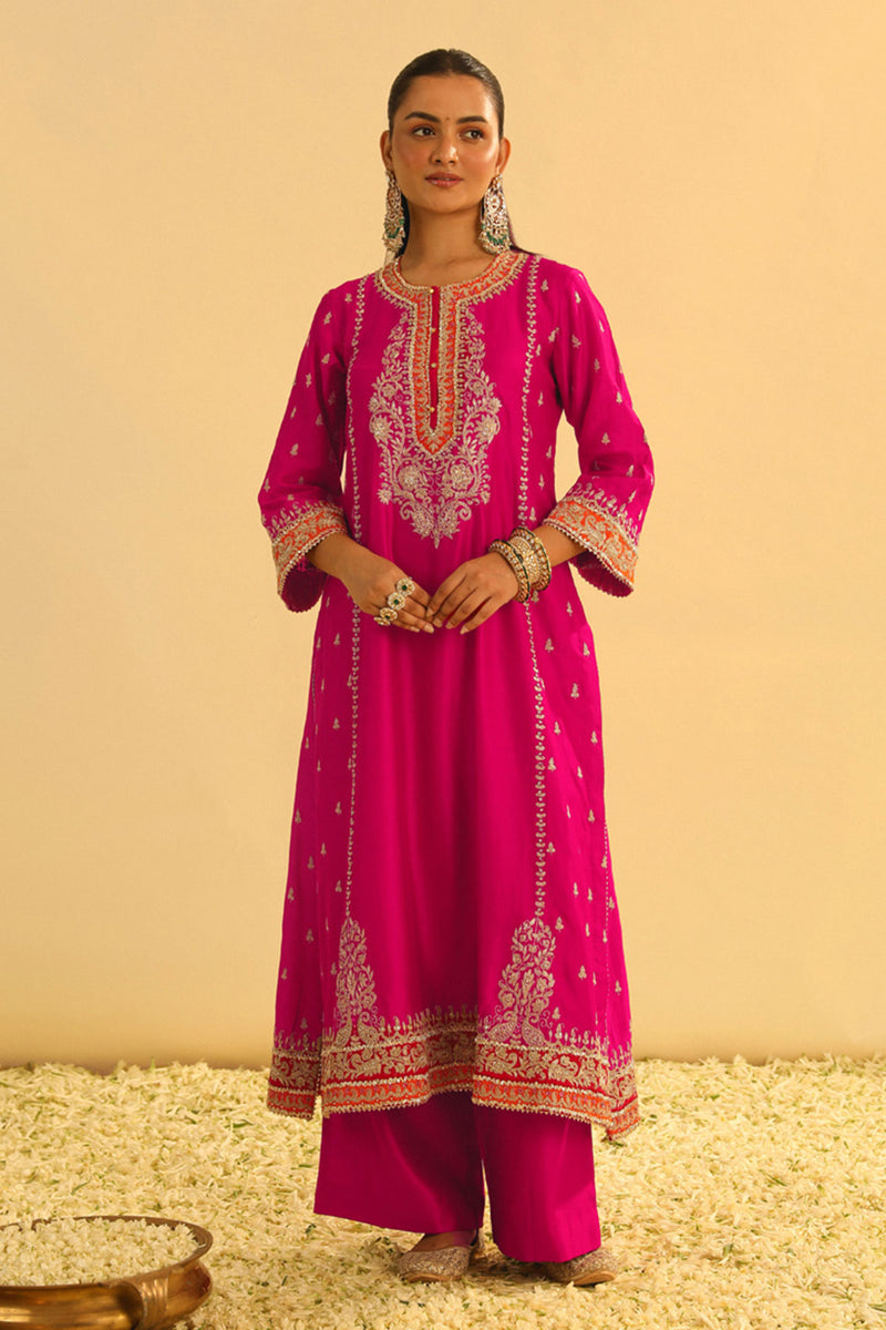 Mayra - Hotpink Long Kurta with Palazzo & Dupatta
