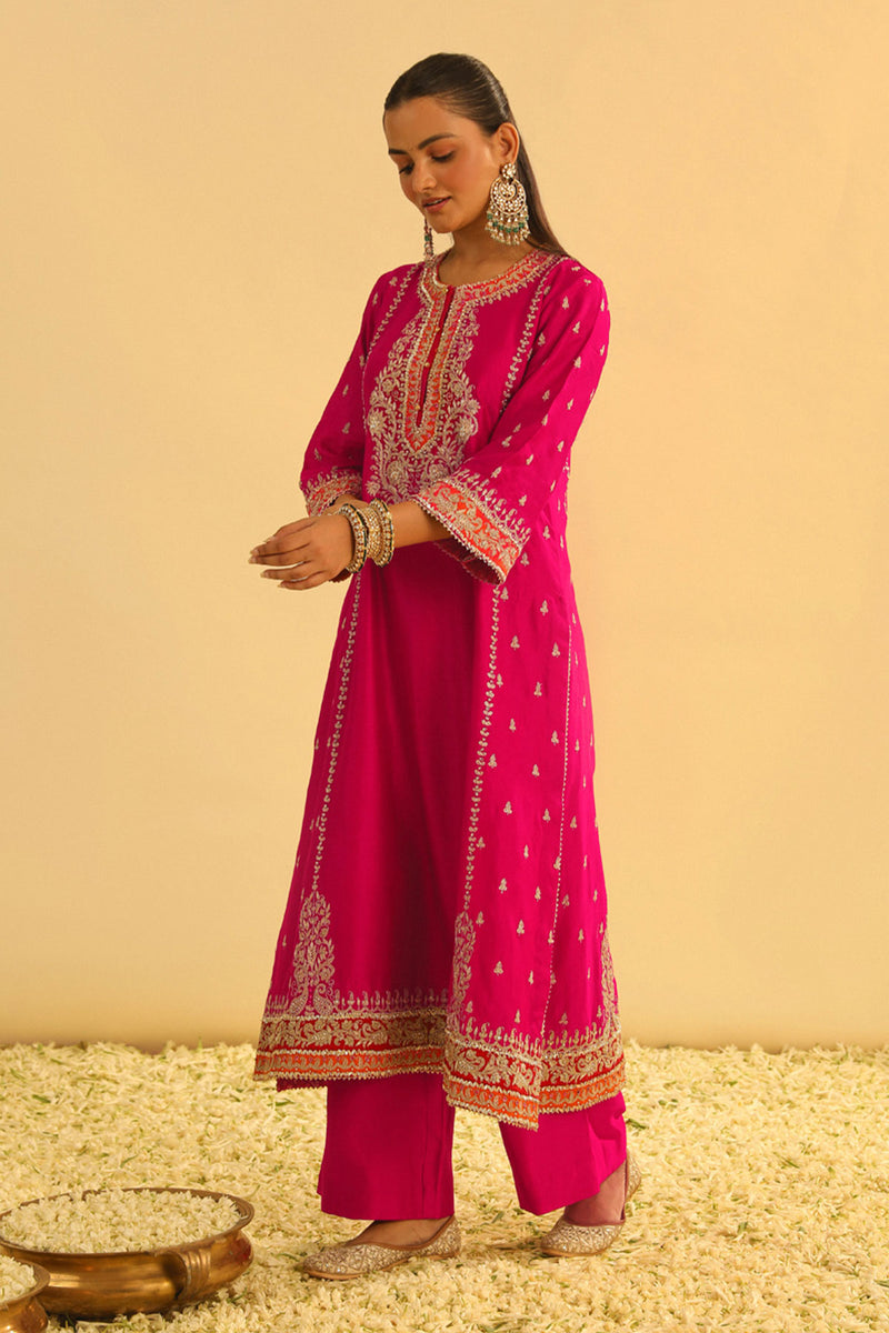 Mayra - Hotpink Long Kurta with Palazzo & Dupatta