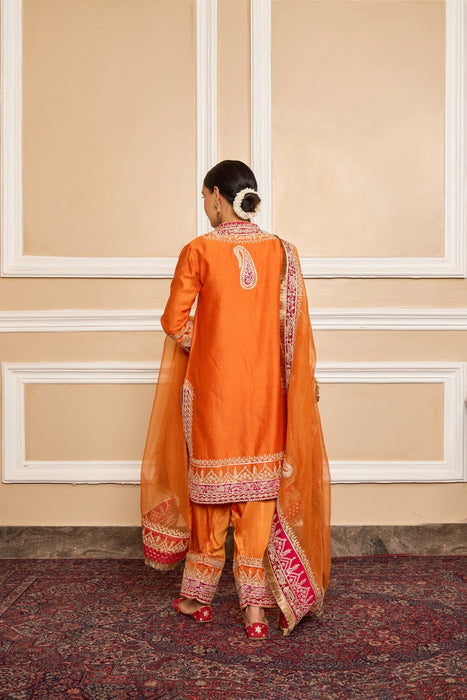 AFSAANA - ORANGE SHORT KURTA WITH SALWAR AND DUPATTA