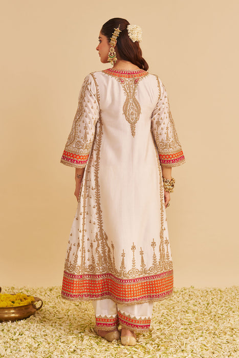 Nargis - Dabka Zardozi Embroidered Rich Banarasi Kalidaar Daisy Ivory Long Chauga Set