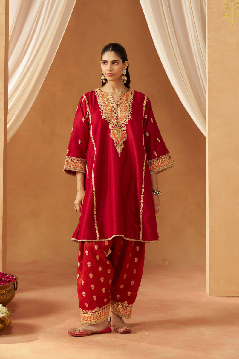 Maahgul Deep Red Kalidaar Chauga with Salwar with Dupatta