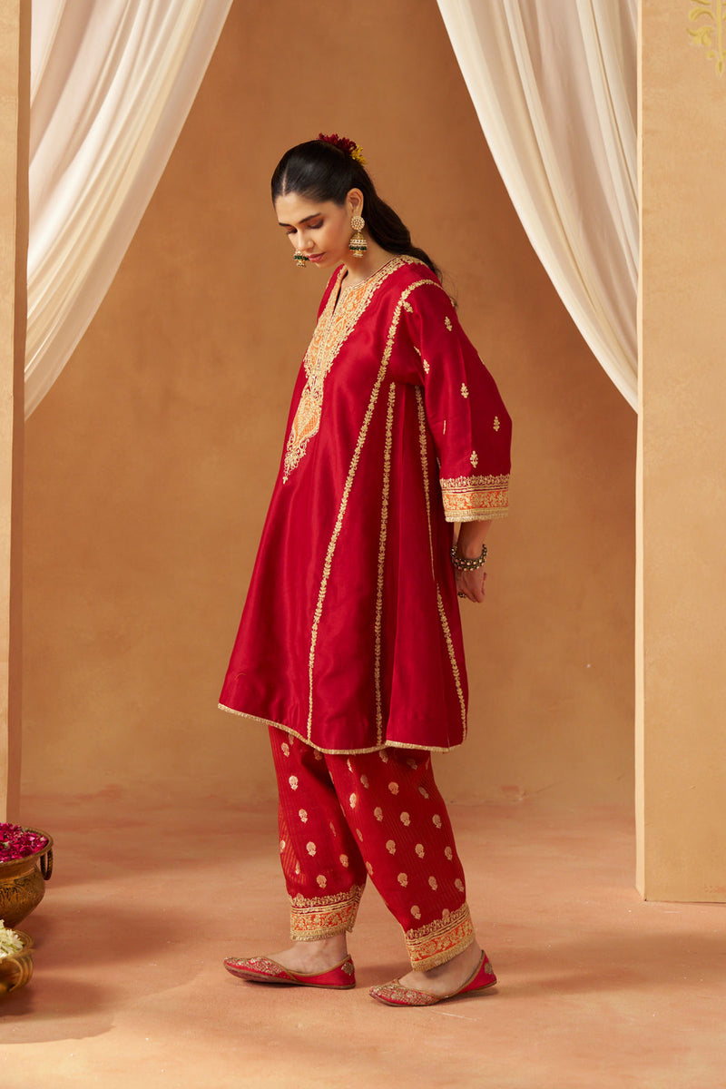 Maahgul Deep Red Kalidaar Chauga with Salwar with Dupatta