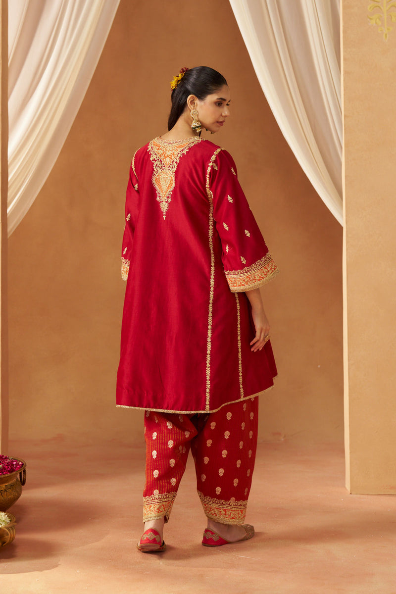 Maahgul Deep Red Kalidaar Chauga with Salwar with Dupatta
