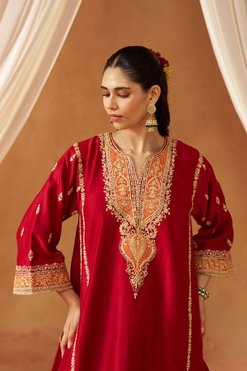 Maahgul Deep Red Kalidaar Chauga with Salwar with Dupatta