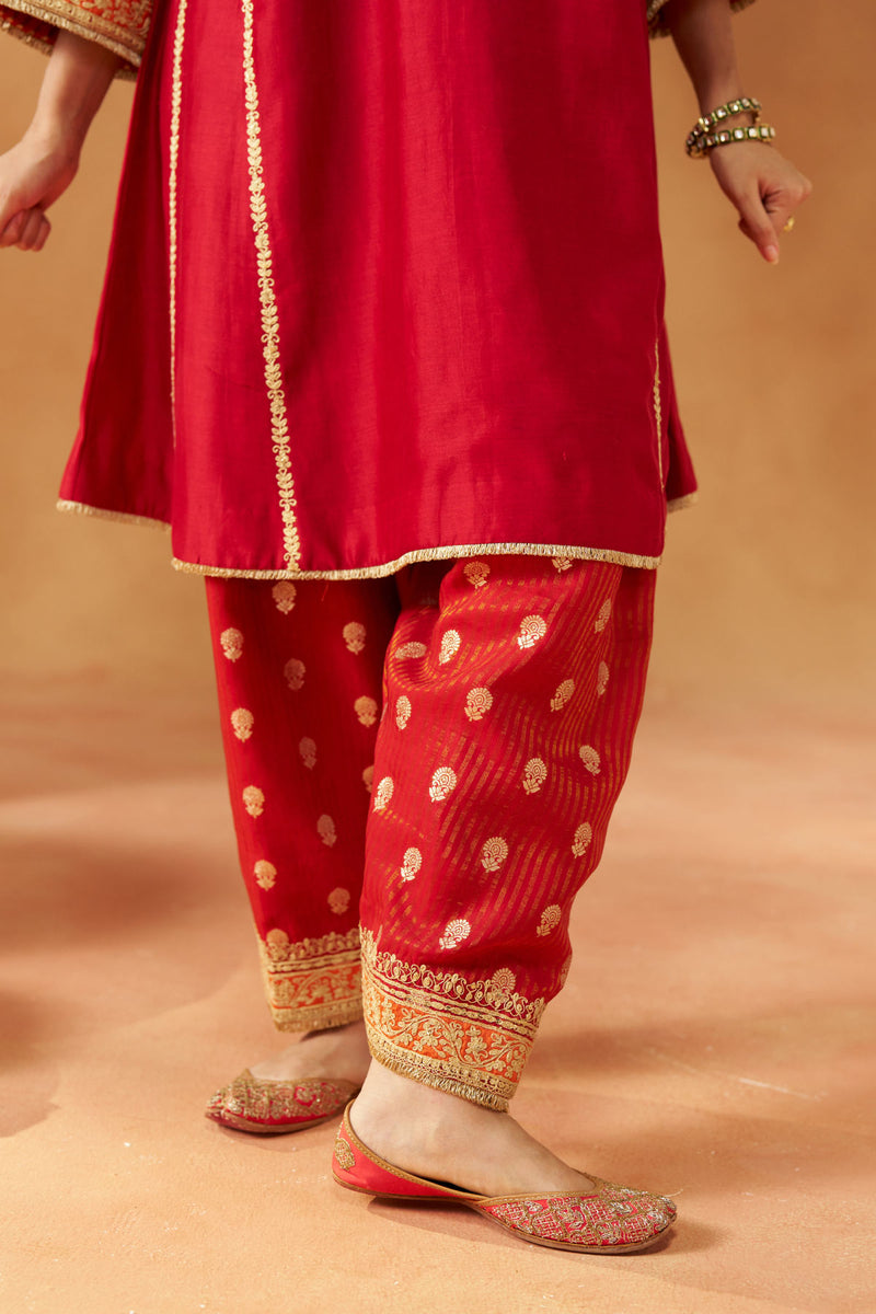 Maahgul Deep Red Kalidaar Chauga with Salwar with Dupatta