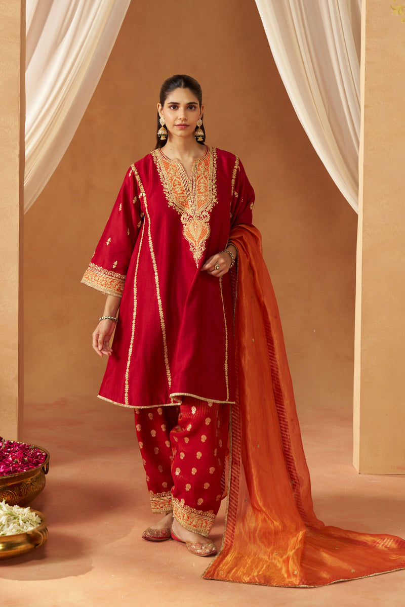 Maahgul Deep Red Kalidaar Chauga with Salwar with Dupatta