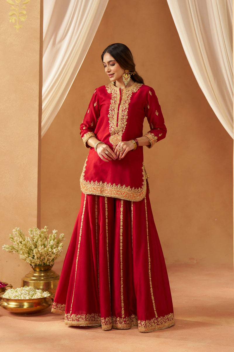 Fadiya Deep Red Kurta with Sharara and Dupatta