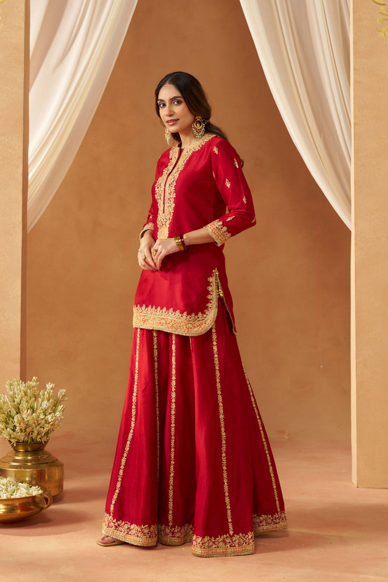 Fadiya Deep Red Kurta with Sharara and Dupatta
