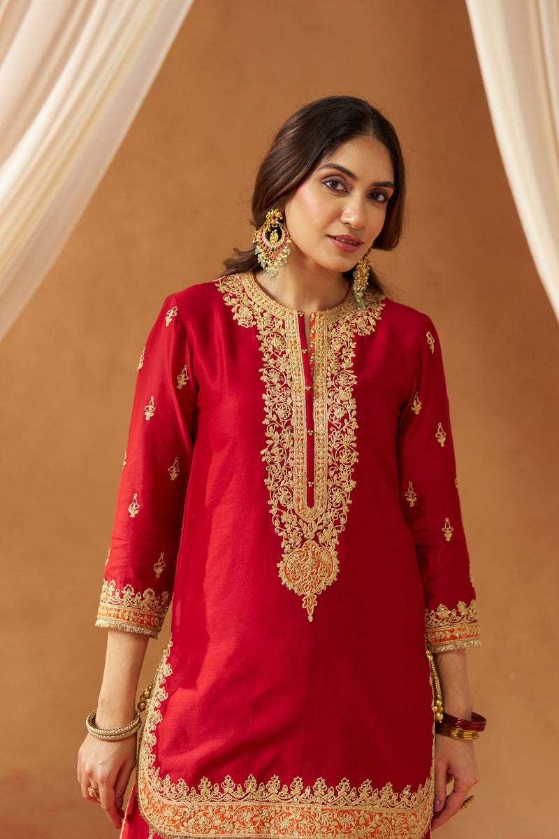 Fadiya Deep Red Kurta with Sharara and Dupatta