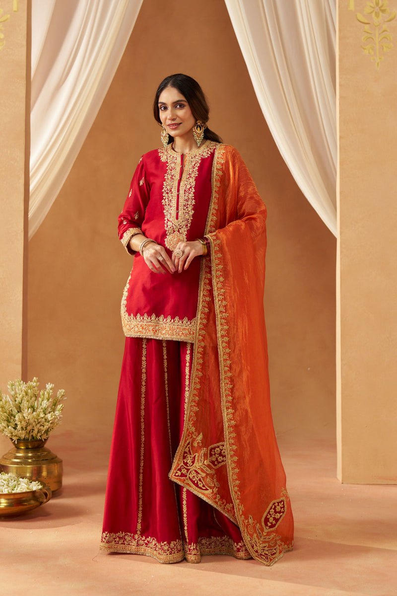 Fadiya Deep Red Kurta with Sharara and Dupatta