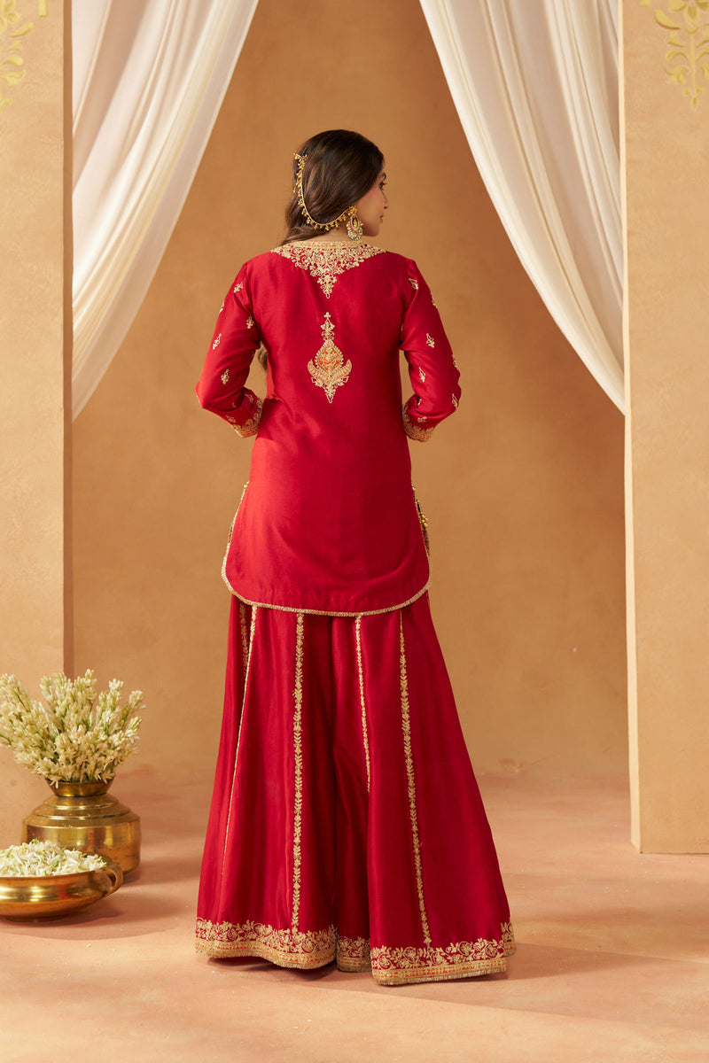 Fadiya Deep Red Kurta with Sharara and Dupatta
