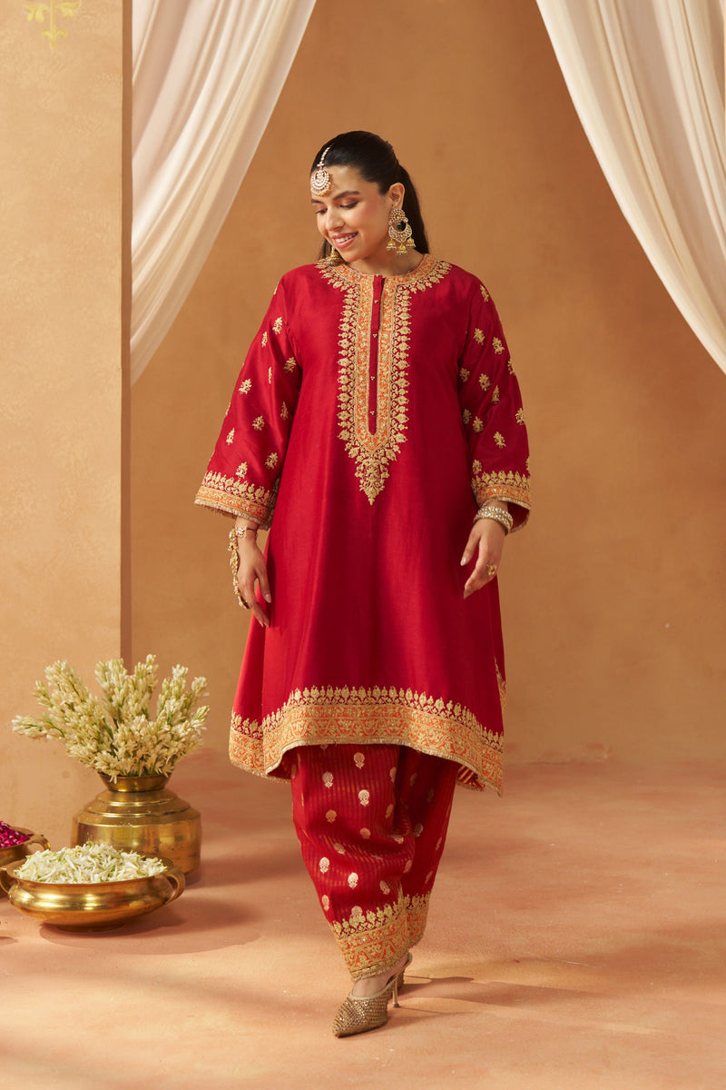 Zeenal Deep Red A Line Kaaftan with Salwar with Dupatta