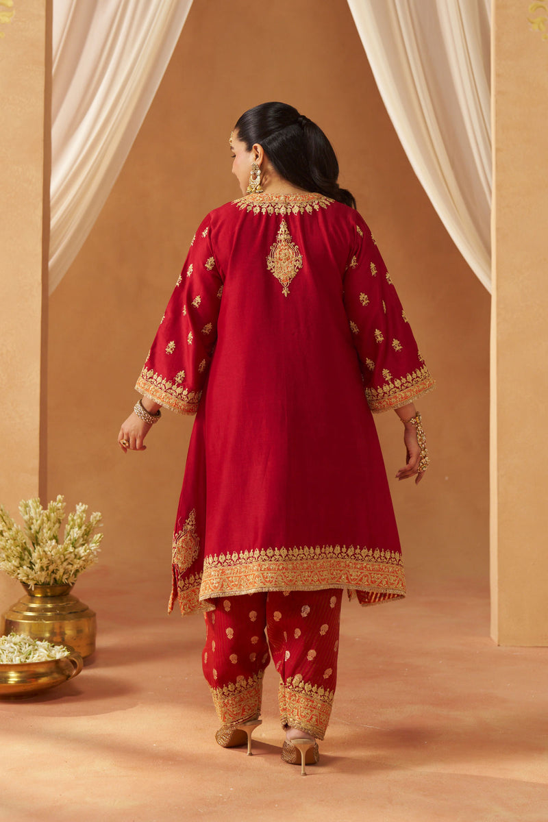 Zeenal Deep Red A Line Kaaftan with Salwar with Dupatta
