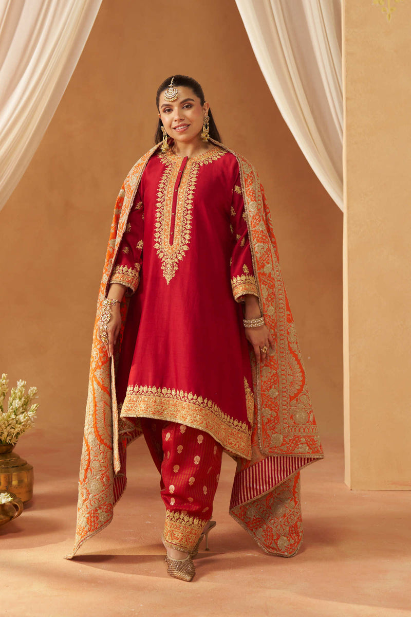 Zeenal Deep Red A Line Kaaftan with Salwar with Dupatta