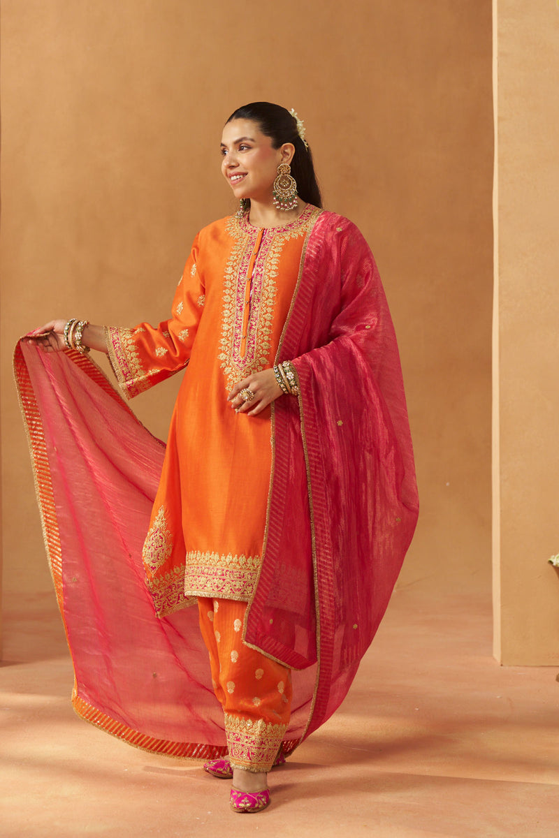 Zeenal Burnt Orange A Line Kaaftan with Salwar with Dupatta