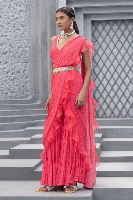 Raspberry Printed Sharara Saree with Blouse