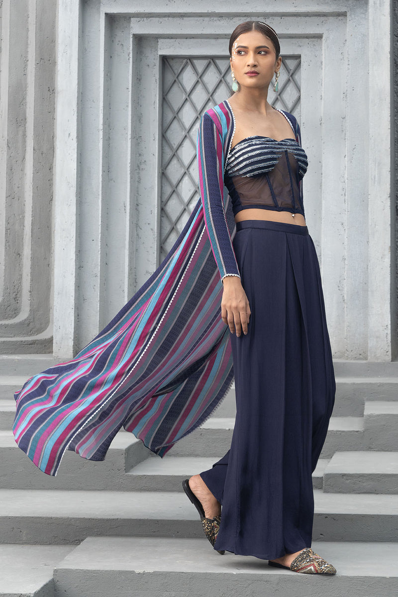 Navy blue printed cape with corset and pants