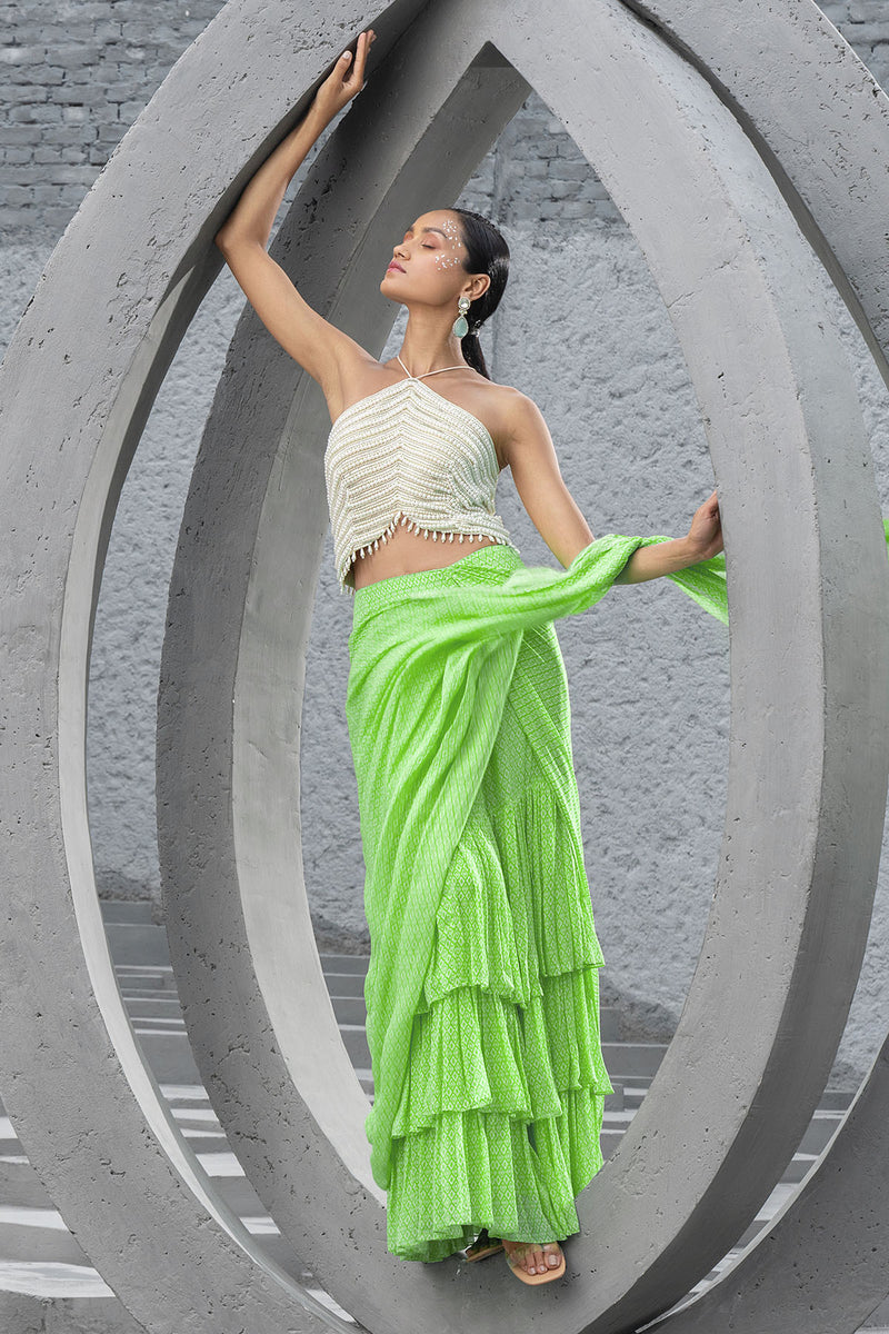 Lime Green Printed Pre-Stitched Saree and Blouse