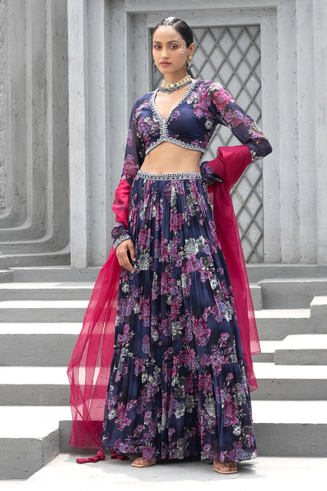 Navy Blue Printed Lehenga Set