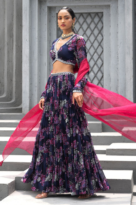 Navy Blue Printed Lehenga Set