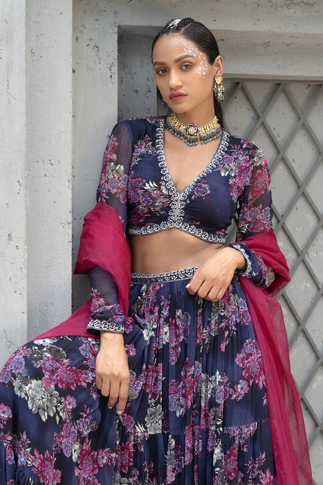 Navy Blue Printed Lehenga Set