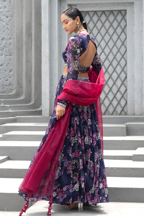 Navy Blue Printed Lehenga Set