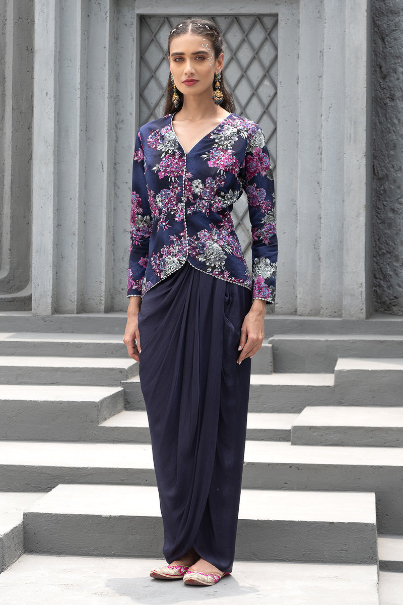 Navy blue printed jacket and draped skirt