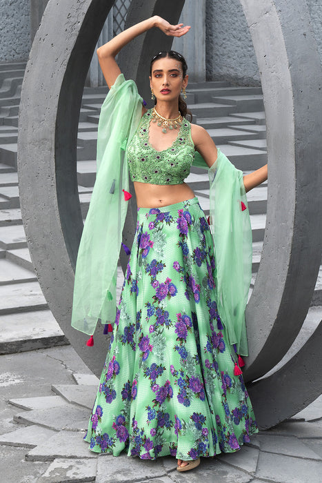 Sea Green Printed Lehenga Set