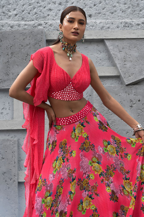 Raspberry Printed Lehenga Set