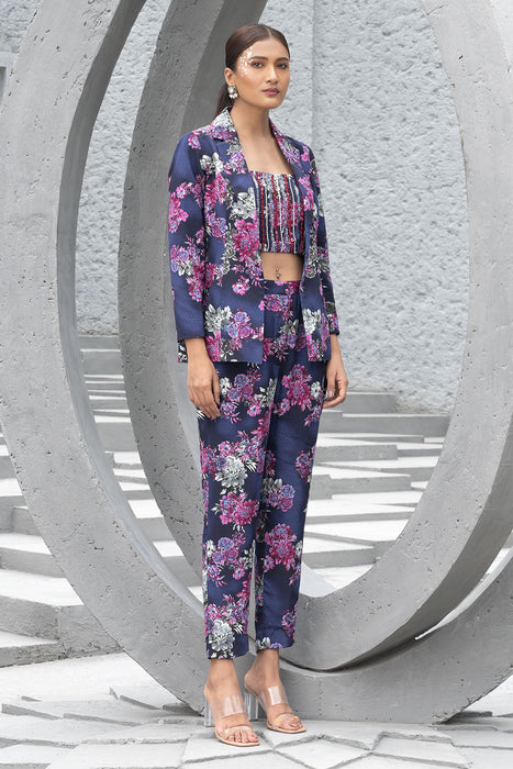 Navy blue printed pant suit