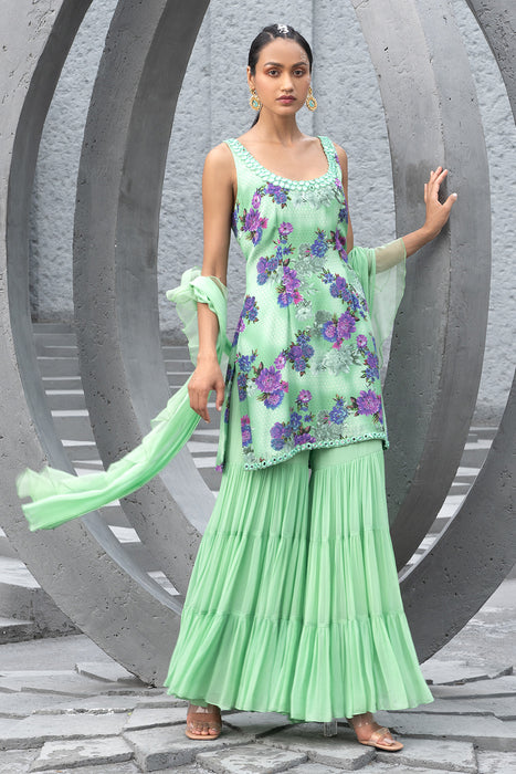 Sea Green Printed Kurta with Sharara