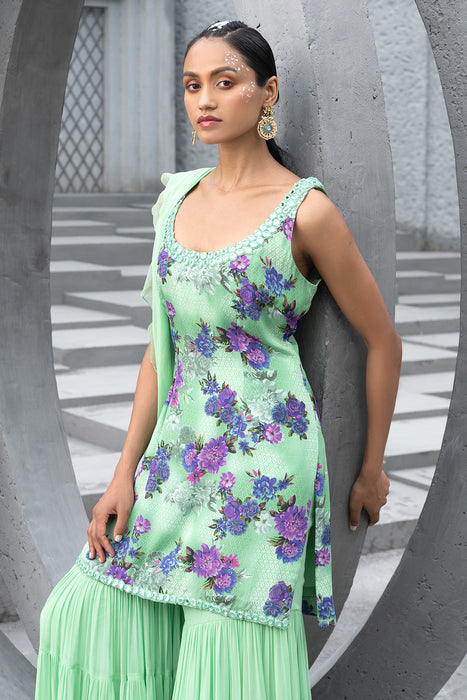 Sea Green Printed Kurta with Sharara