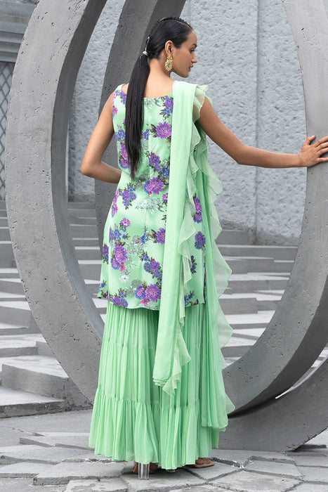 Sea Green Printed Kurta with Sharara