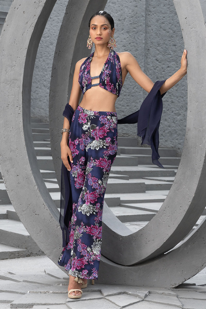 Pleated Halter Blouse with Pants and Stole