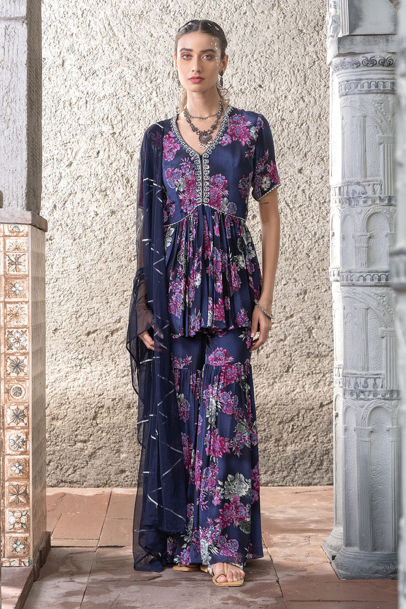 Navy Blue Printed Sharara Set