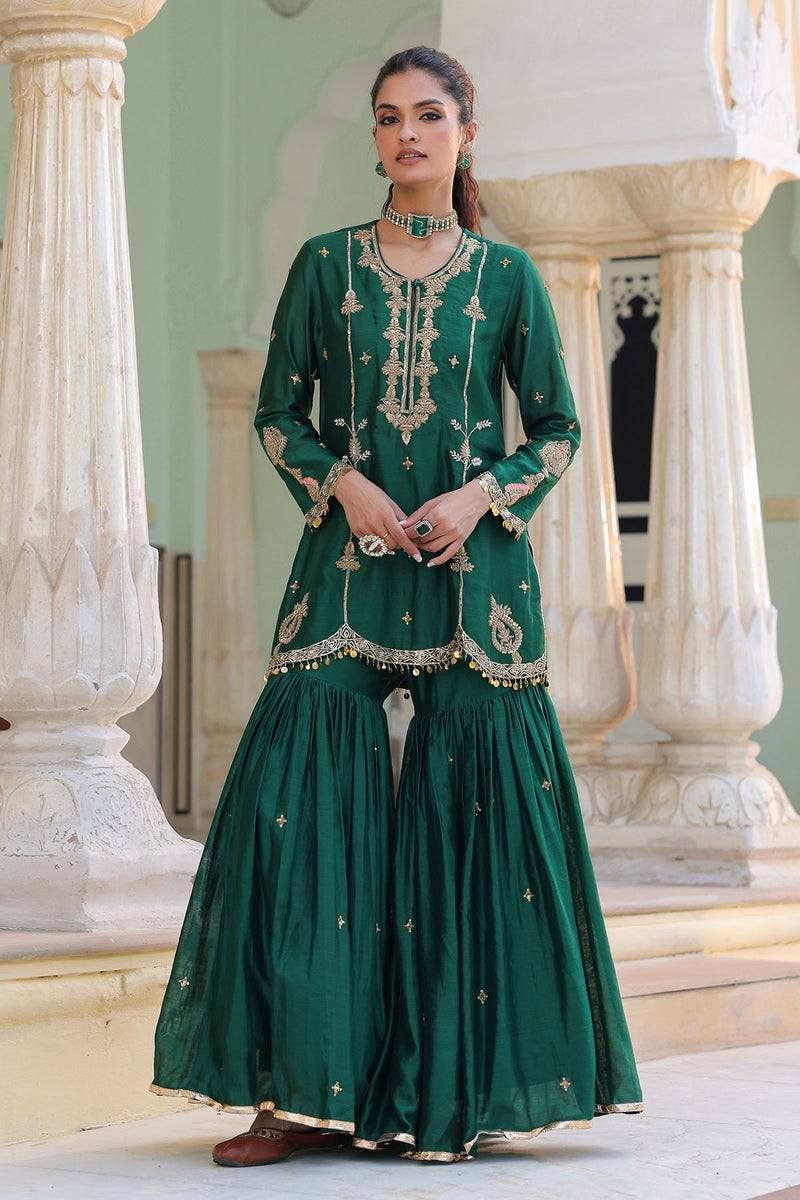 PAKEEZAH SHARARA JODA ORGANZA DUPATTA DARK GREEN