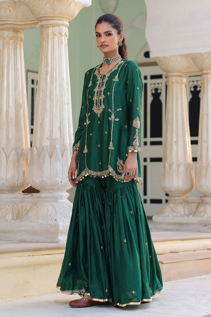 PAKEEZAH SHARARA JODA ORGANZA DUPATTA DARK GREEN